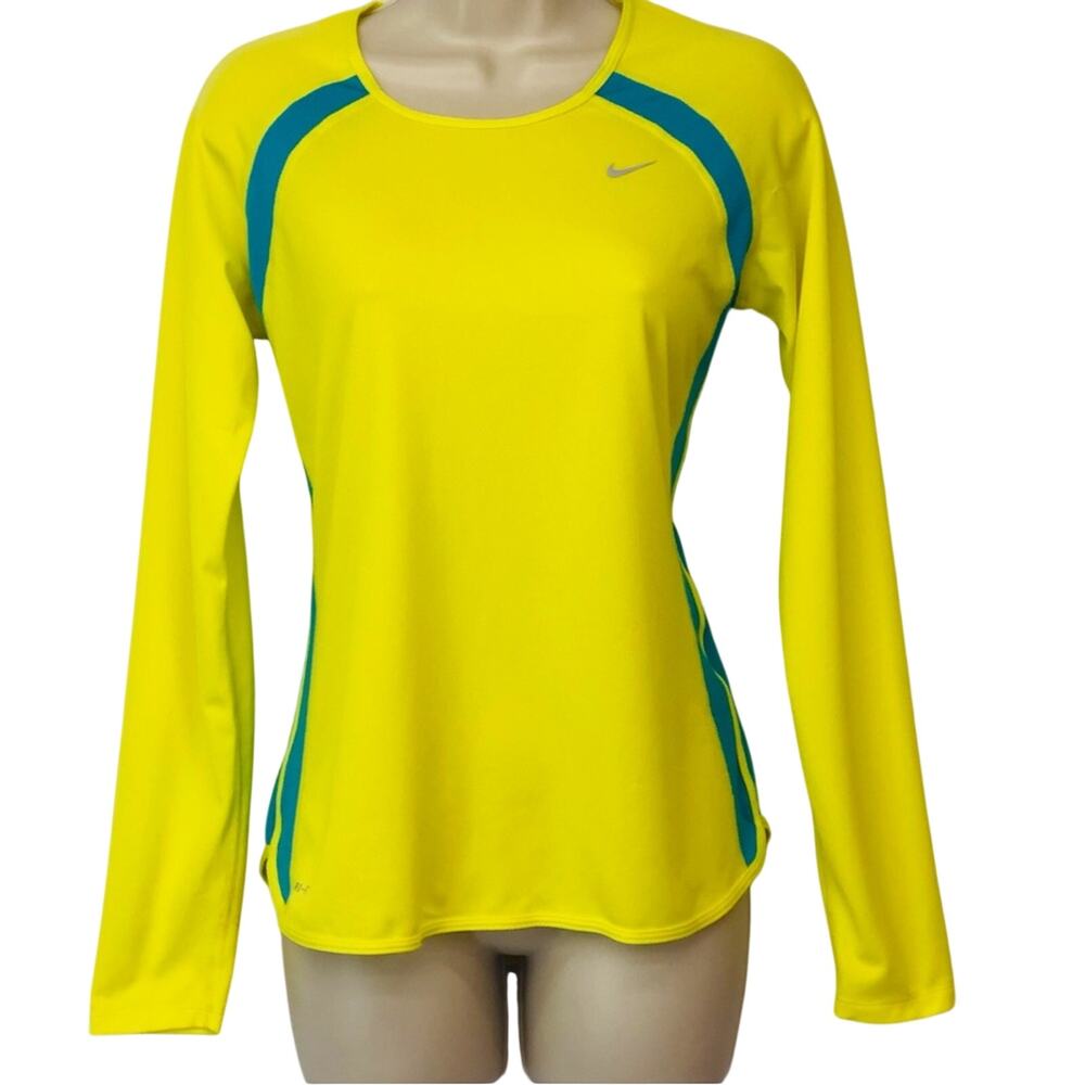 Nike Yellow Turquoise Long Sleeve Top Light Weight Moisture Wicking Fabric
